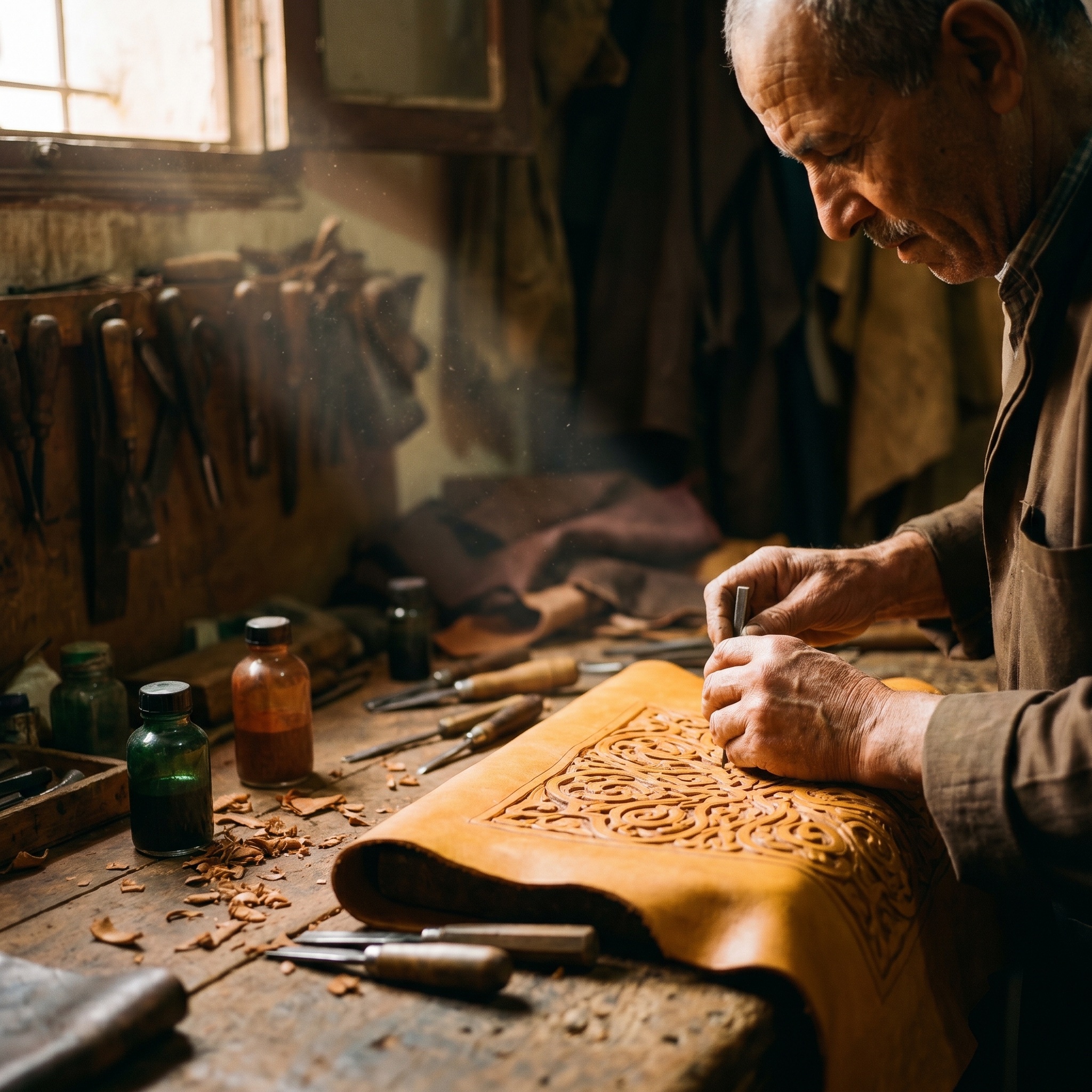 Artisan marocain travaillant le cuir dans une médina