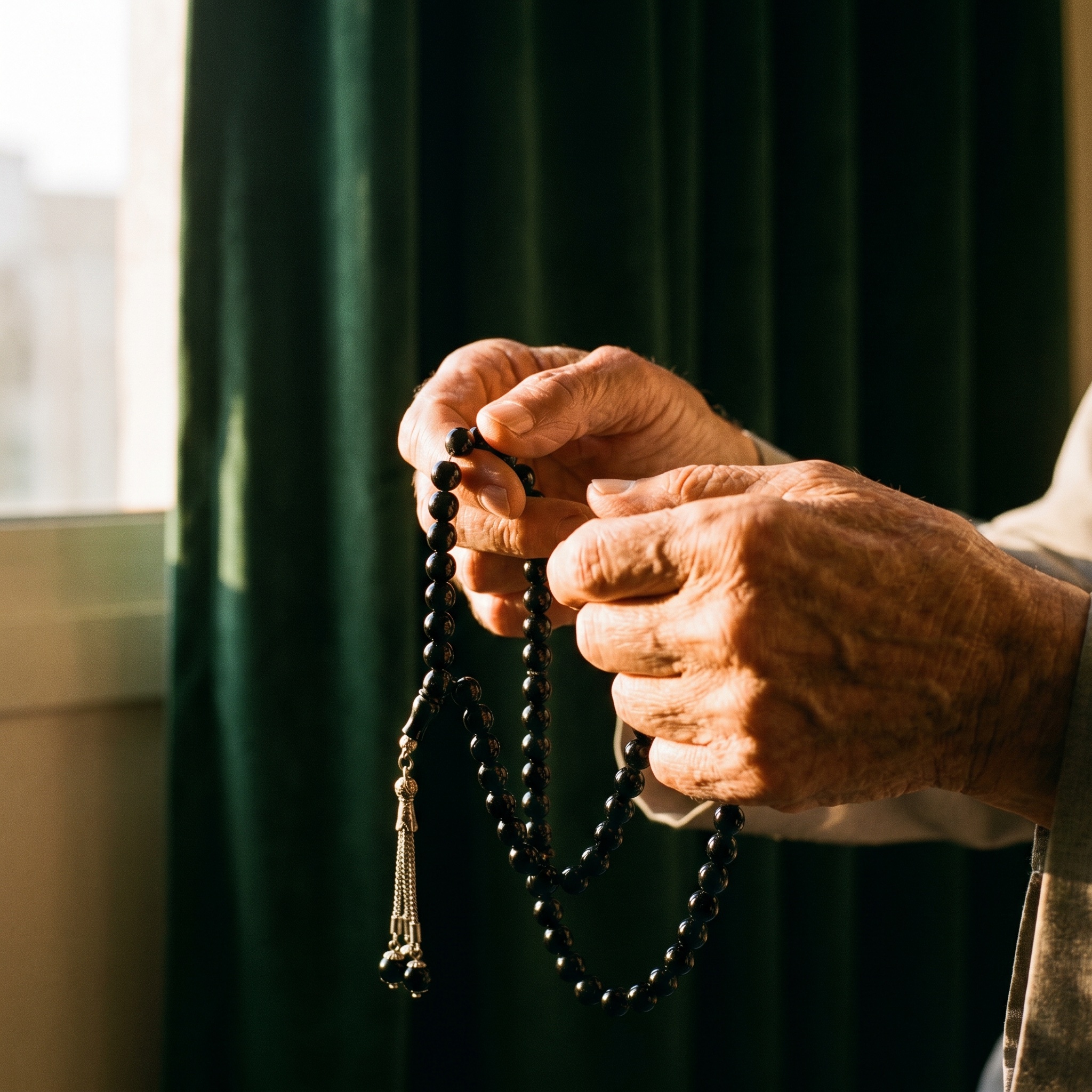 Mains tenant un chapelet sebha dans une lumière chaude