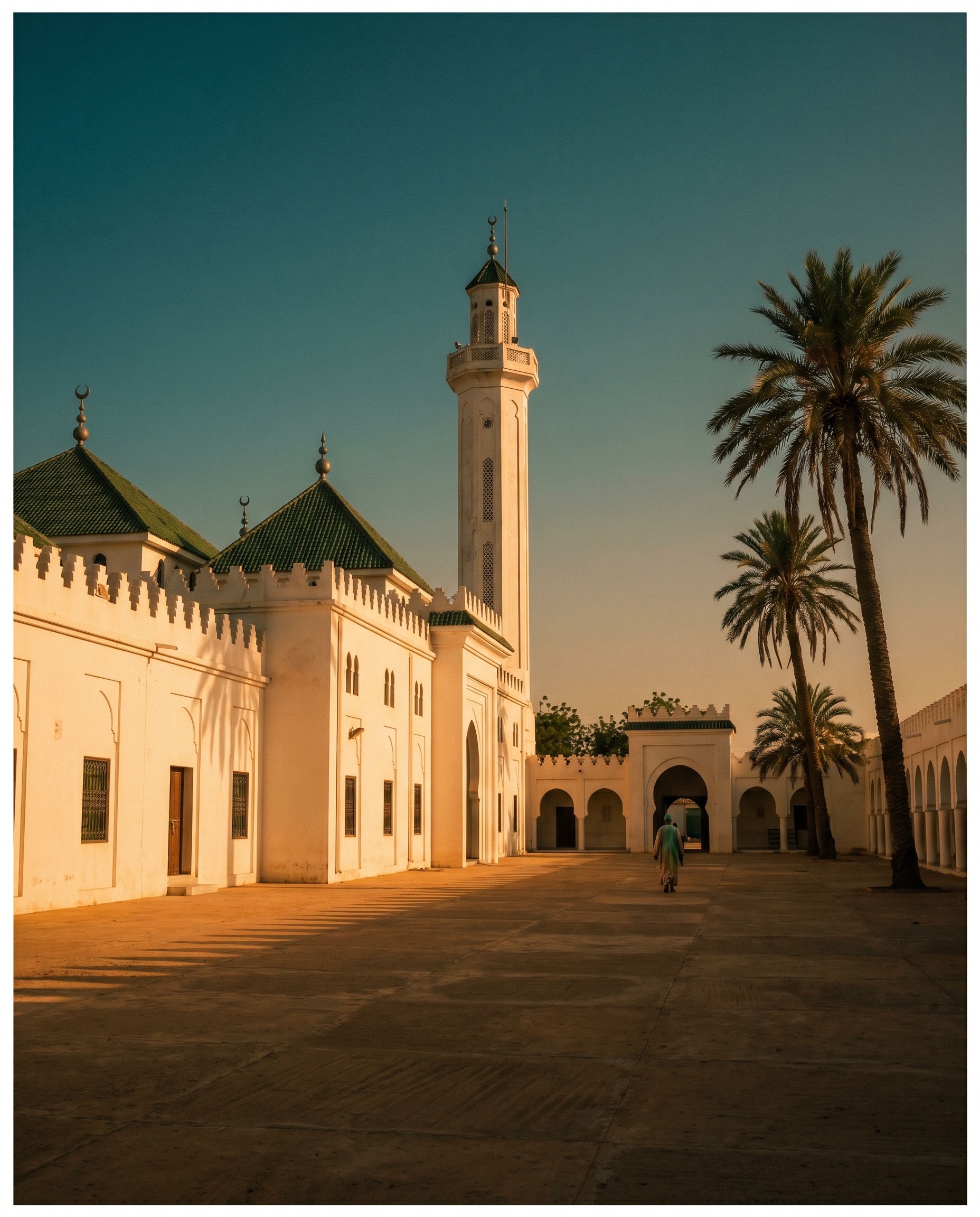 Mosquée de Tivaouane au crépuscule, architecture sénégalaise blanche